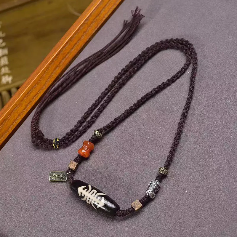 

Натуральная бусина удачи, подвеска Дзи, цепочка для свитера, красный агат, аксессуар, плетеное веревочное ожерелье ручной работы