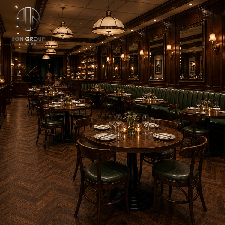 Ron Group Factory Direct Commercial Round Wood Table L-Shaped Leather Upholstered Booth Seating Restaurant Furniture Chair