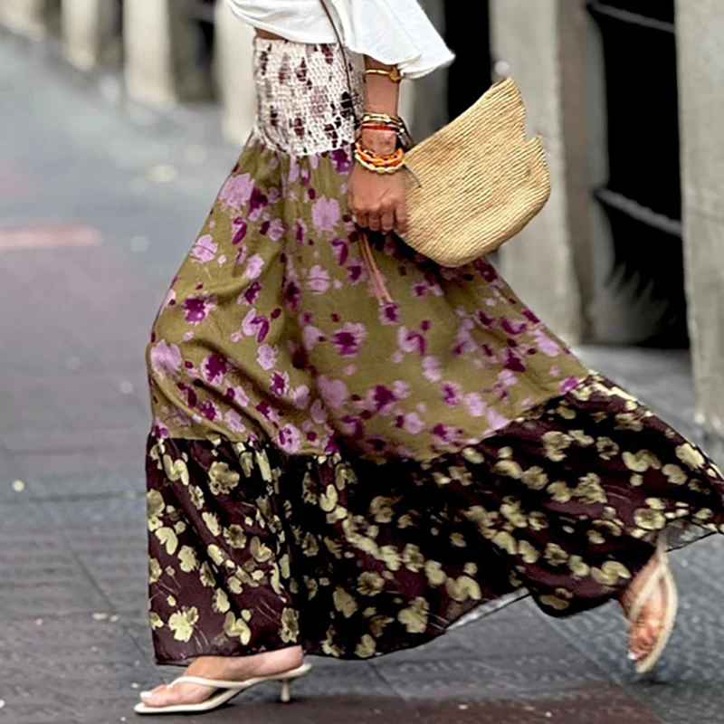 Trendy High Waist Drawstre Large Swing Beach Holiday Skirt Lady Elegant Ruffle Edge Elastic Skirt Retro Print Drawstring Skirt