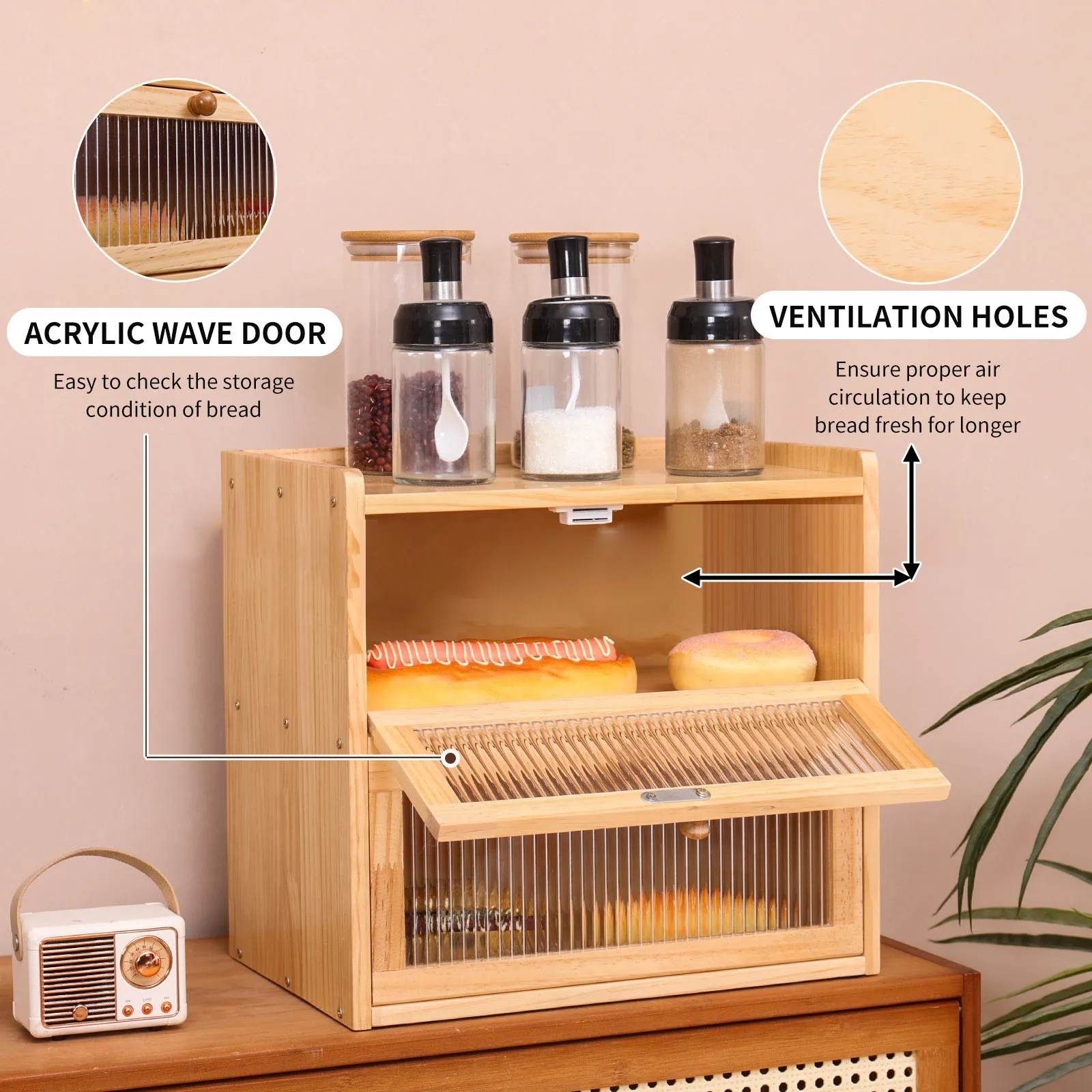 Bread Box Homemade Bread Bin Holder for Kitchen Countertop Double Layer with Acrylic Flip Lid Window Wooden Storage Container
