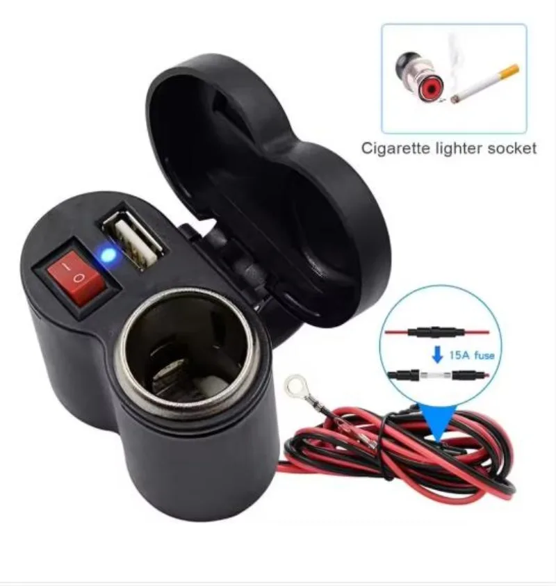 12V Motorcycle Dual USB Charger with Switch, Waterproof Cigarette Lighter Socket, Motorcycle Handlebar Clamp