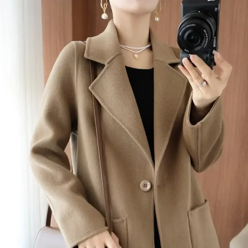 

% Pure wool double-sided woolen cashmere coat for women's autumn and winter medium and long foreign-style Mao Ni thin outer