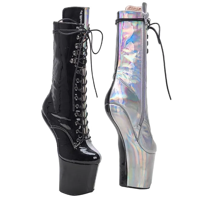 Auman Ale New shinny Black with silver PU Upper Platform Ankle Boots Sexy Exotic heelless pole dance shoes 025