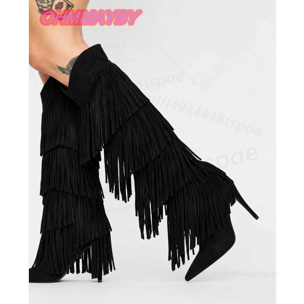 Black Fringe Knee High Boots for Women Pointed Toe Suede Look Cascading Tassels Solid Color Western Festival Party Dress Shoes