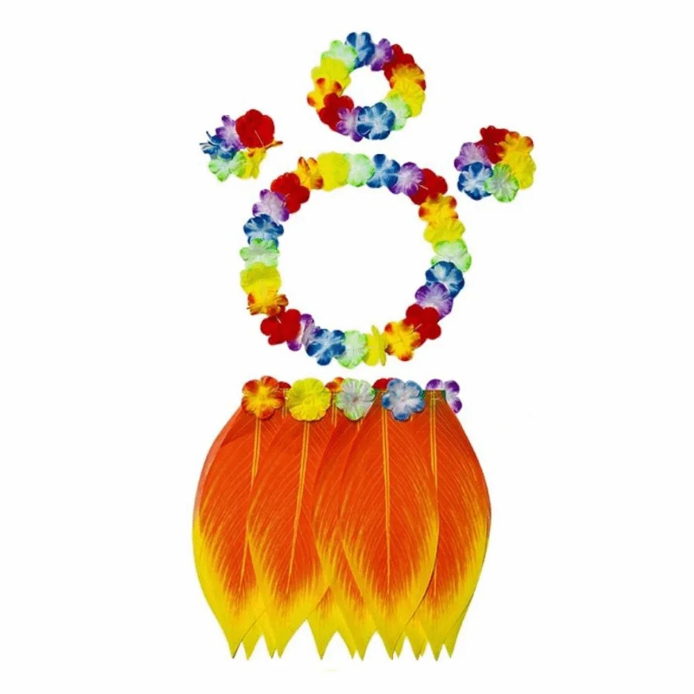 5Pcs Simulation Leaf Hawaiian Luau Outfit Set Grass Skirt Hawaiian Garlands Complete Dance Outfit Hibiscus Wreaths