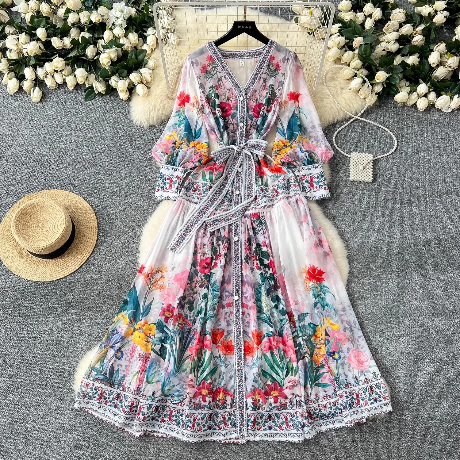 2025 Spring Summer Gorgeous Floral Print Chiffon Boho Dress Women V Neck Single Breasted Lace Up Belt Long Party Robe Clothing