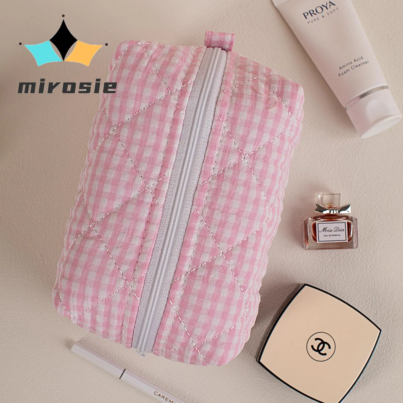 MIROSIE Fashion Checkered Floral Makeup Bag Large Capacity Portable Cosmetic Storage Bag Cotton Quilted Wash Bag Skincare Pouch