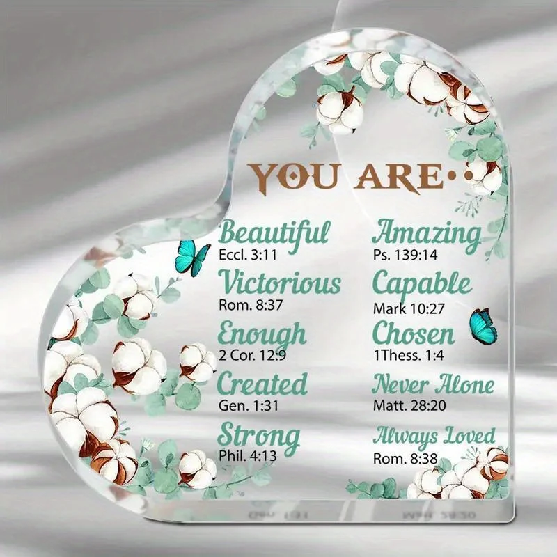 Love Heart Acrylic Sign with Bible Verse, Inspirational Desk Decor for Home Office, Spiritual Gift for Family