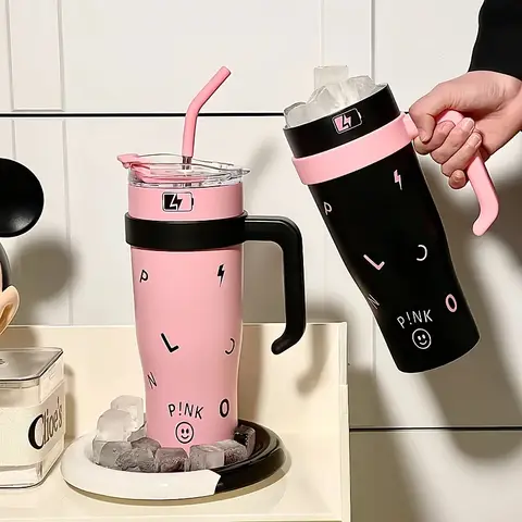Tumbler with Handle and Straw Lid Vacuum Insulated Water Bottle Straw Cover Silicone Boot Leak-proof Travel Coffee Cup 1200ml