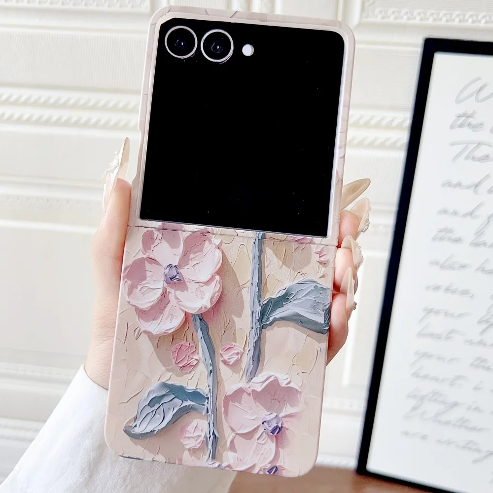 

Retro Oil Painting Flower Phone Case For Samsung Galaxy Z Flip 7 6 5 4 3 5G Folding Hard Phone Cover For Samsung ZFlip5 ZFlip4