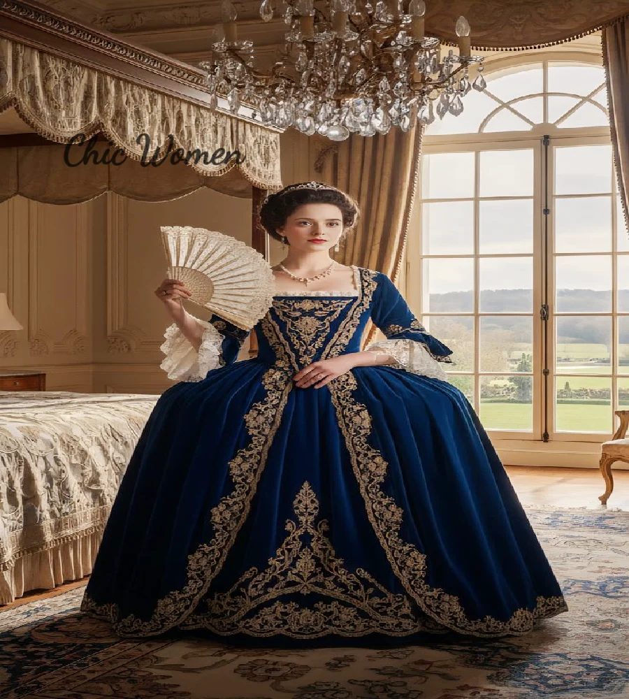 

Romantic Rococo Navy Evening Dress With Gold Lace Belle Sleeve Marie Antoinette Costume Prom Dress 1840s Formal Party Customized