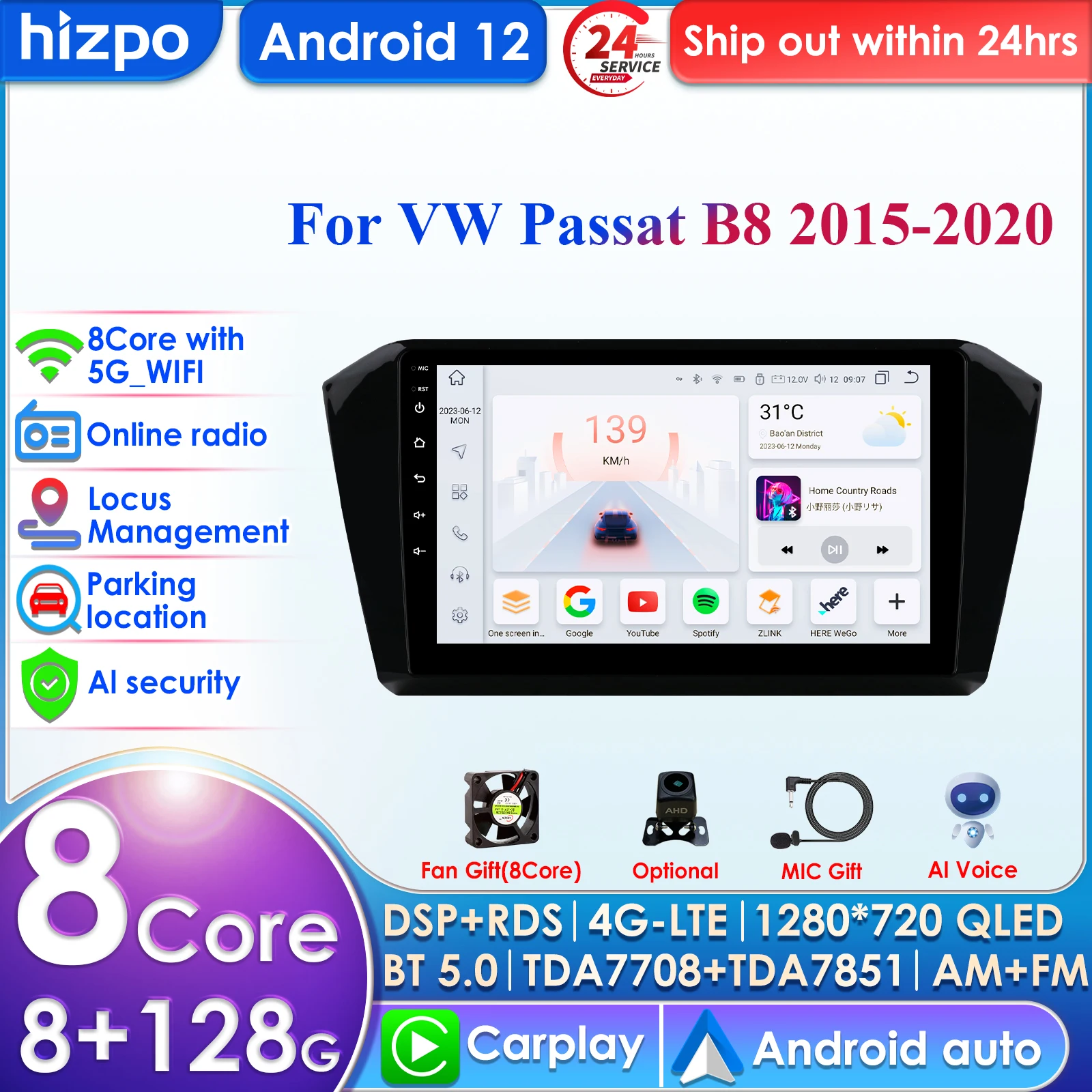 

Hizpo 4G 10.1'' AI Intelligent System CarPlay Android Auto Radio for VW Passat B8 2015-2020 Car Multimedia GPS 2din Autoradio BT