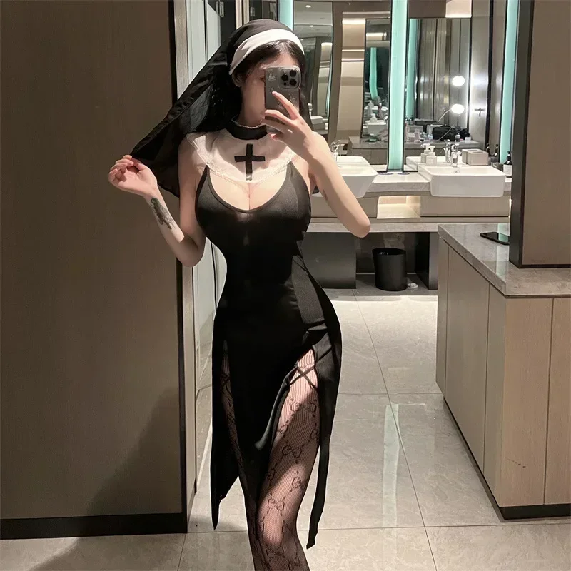 Sexy freira cosplay traje de halloween kawaii renda lingerie roupas anime goth roleplay outfit mulher vintage alta fenda vestido terno