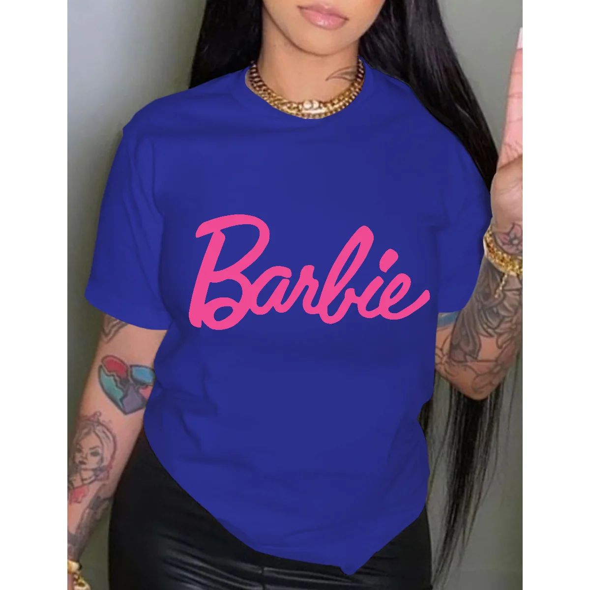 Barbie Short Sleeves Fashion Ladies Printed Pullover Round Neck T-shirt  Y2k Girls Loose Soft Summer Tops Versatile Yoga Clothes