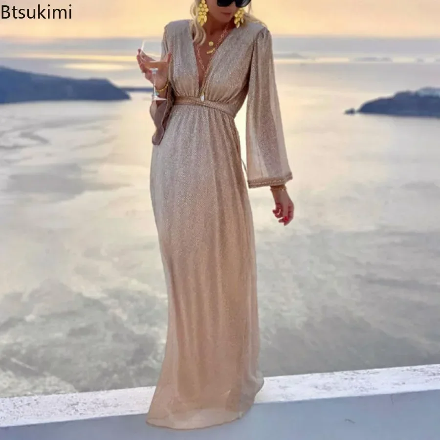 New 2024 Women\'s Sexy Evening Dresses Deep V-neck Gold Elegant Dress Female Wedding Party Long Formal Prom Party Gowns Vestidos