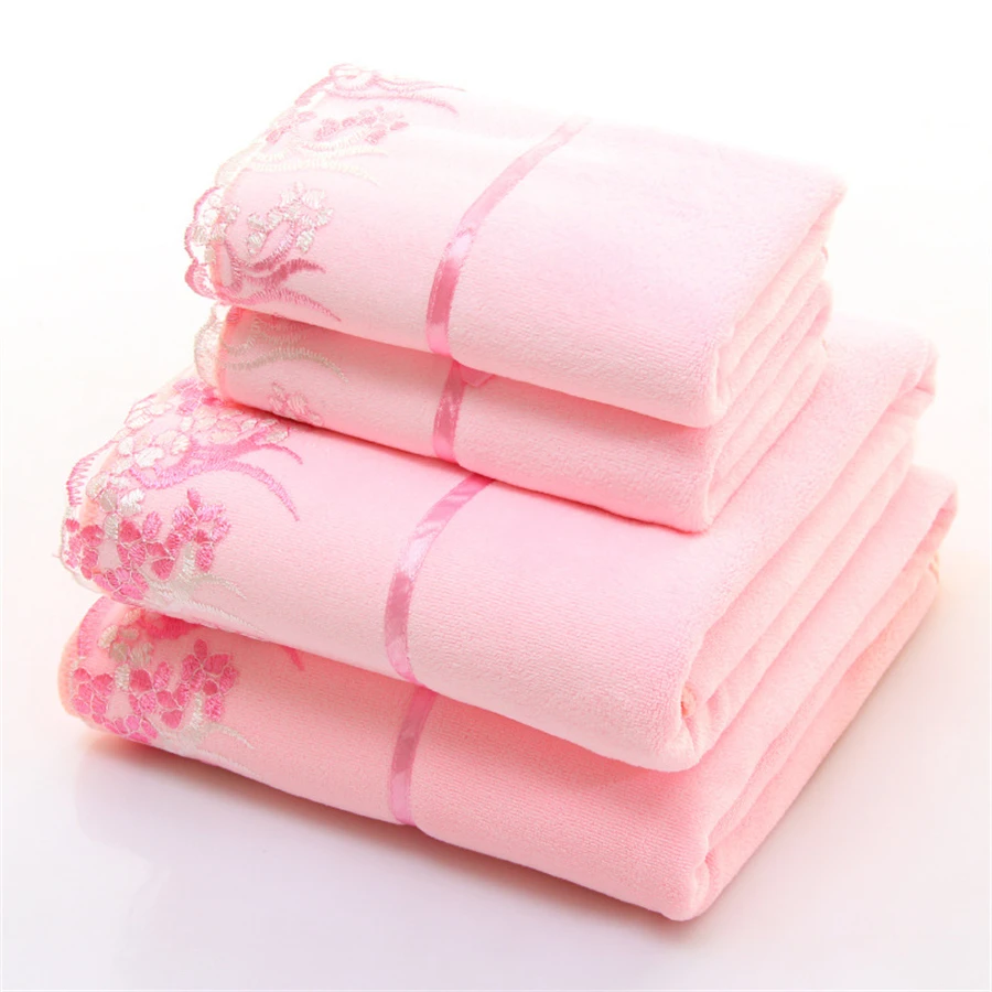 4pcs/Set Quick Dry Solid Microfiber Embroidered Towel Set Bath Towel 140x70cm (2pcs) Face Towel 75x35cm (2pcs) for Bathroom