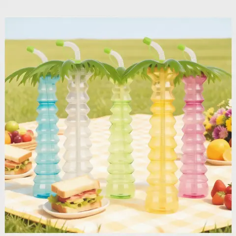 Novelty Coconut Tree Shape LED Straw Cup Plastic Beverage Tumbler Creative Tropical Style Juice Bottle Kids Party Favor Tool