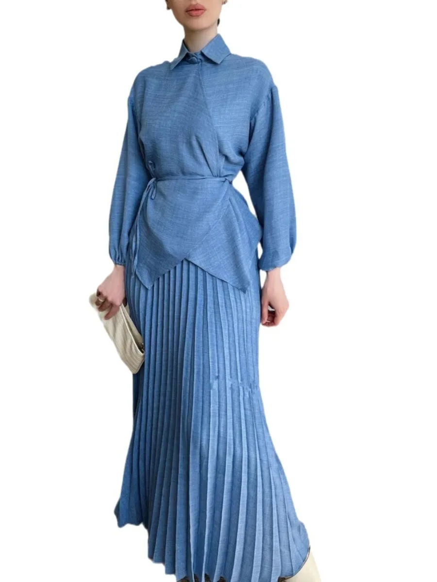 Conjunto de Mulheres Muçulmanas Ramadan, Vestido Casual de Duas Peças, Tops de Renda, Terno de Saia, Abaya, Árabe, Kaftan, Islâmico, Turquia, Jalabiya Abayas, Dubai, Duas Peças