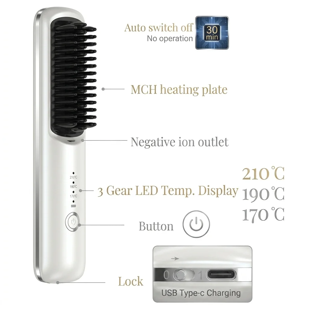 Portable Ceramic Wireless Hair Straightener Brush Cordless Ionic Comb USB Rechargeable Battery Hotel Use Household Travel Hair - view 4