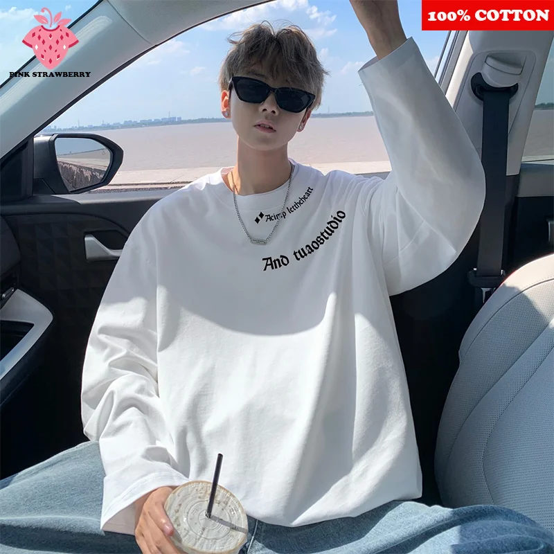 

White Long sleeved T-shirt Men Autumn Winter 2025 New 100% Cotton Oversize Loose Casual Black Base T-shirt Y2k Top Man clothing