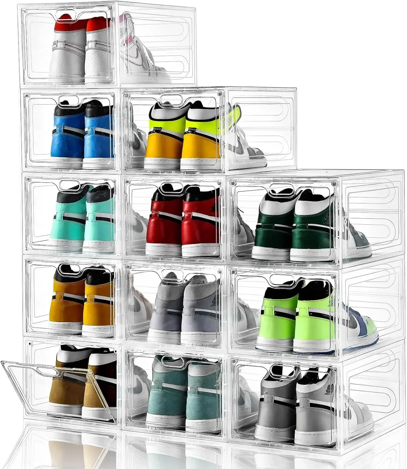 Home.12 Pack Shoe Storage Boxes, Stackable Clear Boxes With Doors, Organizer Containers For Sneakers - Fit US Men's/Women's Siz