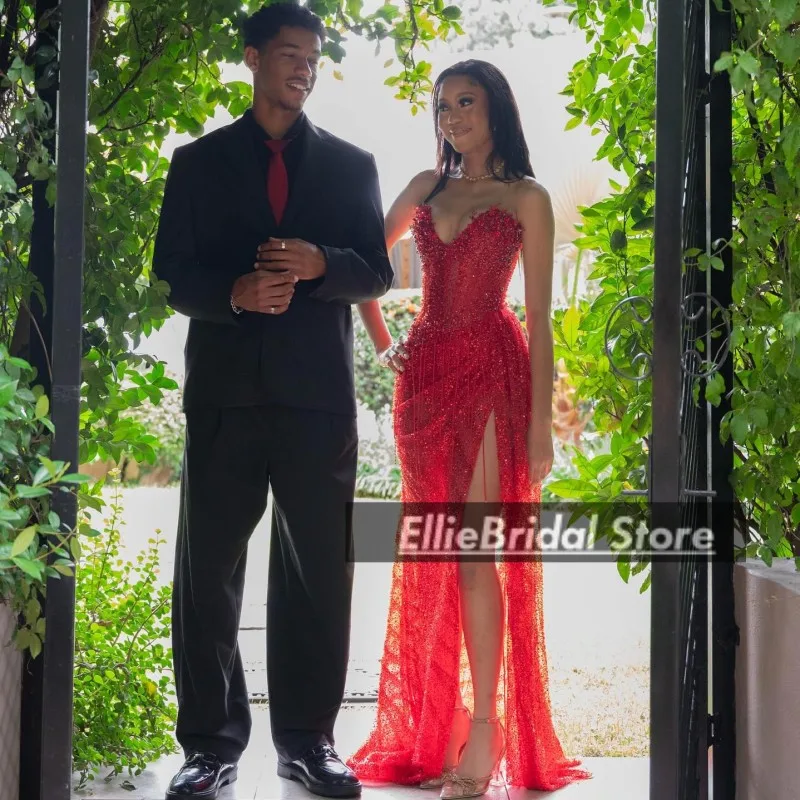 Sexy vermelho vestidos de baile lantejoulas miçangas alta divisão vestido de noite africano preto meninas sereia vestidos de festa personalizado
