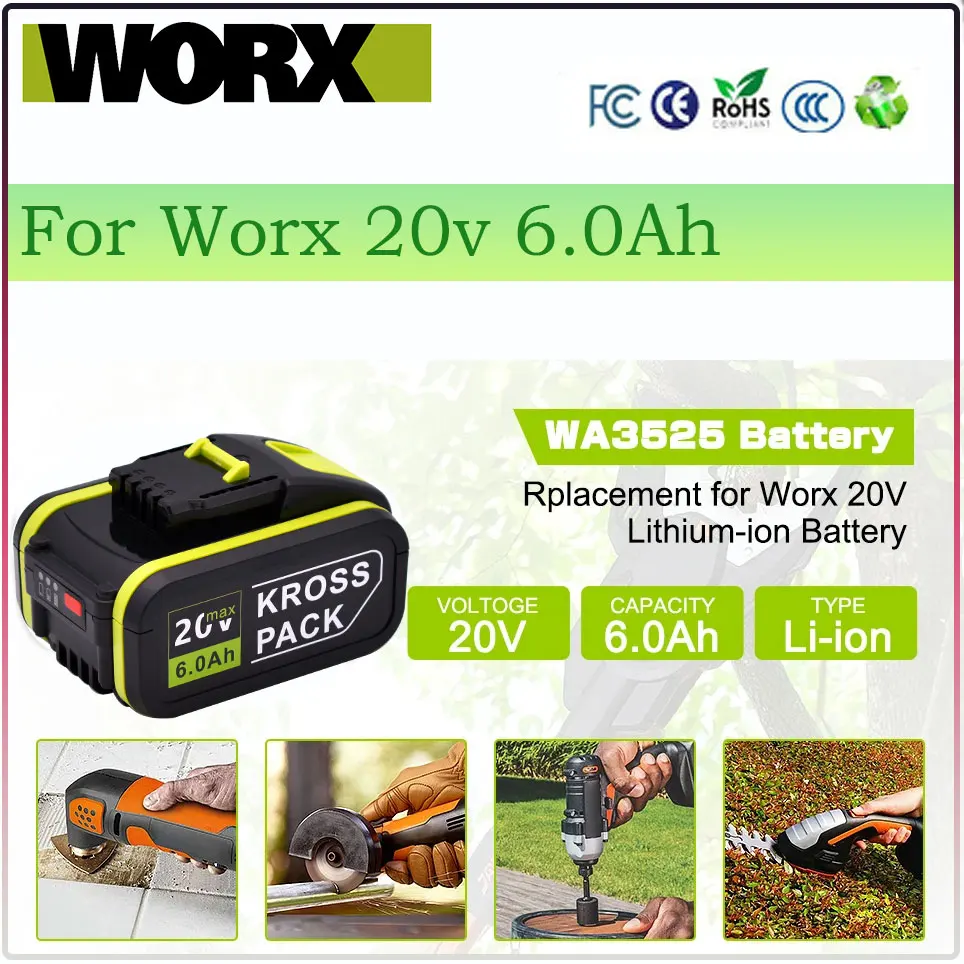 6000mAh For Worx 20V Battery Li-ion Battery WA3553 WA3551 WA3551 WA3572 WA3553 WX390 WA3551 WX176 WX178 WU268 Drill Battery