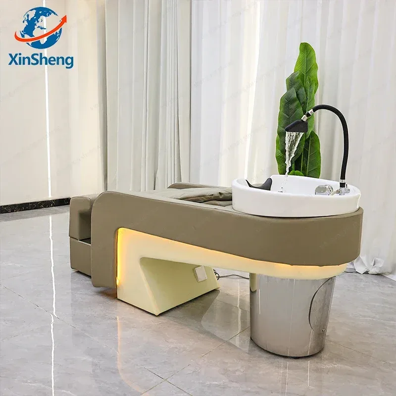 سرير شامبو احترافي من شينشنغ مع إضاءة LED، أثاث صالون للعناية بالشعر، كرسي حلاقة قابل للإمالة مع حوض شامبو