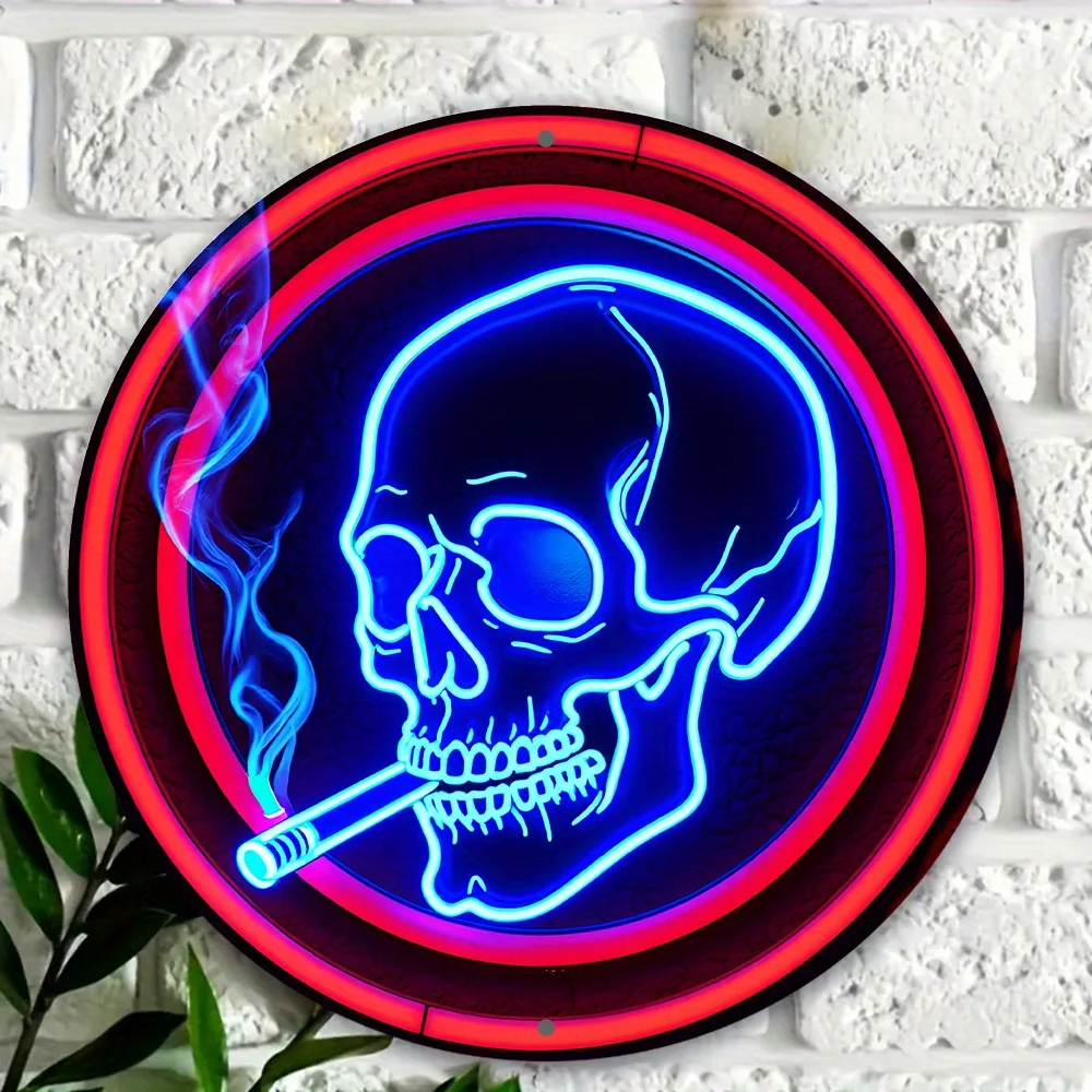 2D Flat - 1pc 2D Flat Metal Iron Sign | 8.0inch Round Skull with Cigarette and Wreath Emblem - Vibrant Blue & Red Wall Art for H