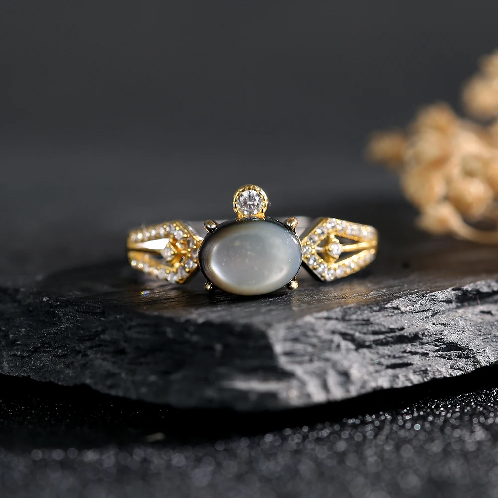 S925 Silver Women's Ring 8*6mm Black Abalone Shell Mix Color Adjustable Bands Anniversary Jewelry Gifts