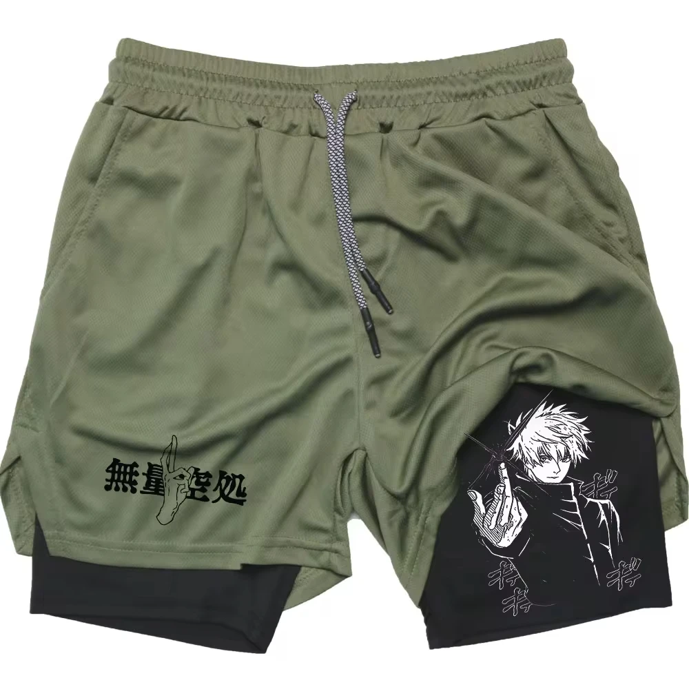 Summer Breathable 2-in-1 Men\'s Stretch Compression Fitness Double Layer Shorts Anime Quick-Drying Running Sports Shorts M-3XL