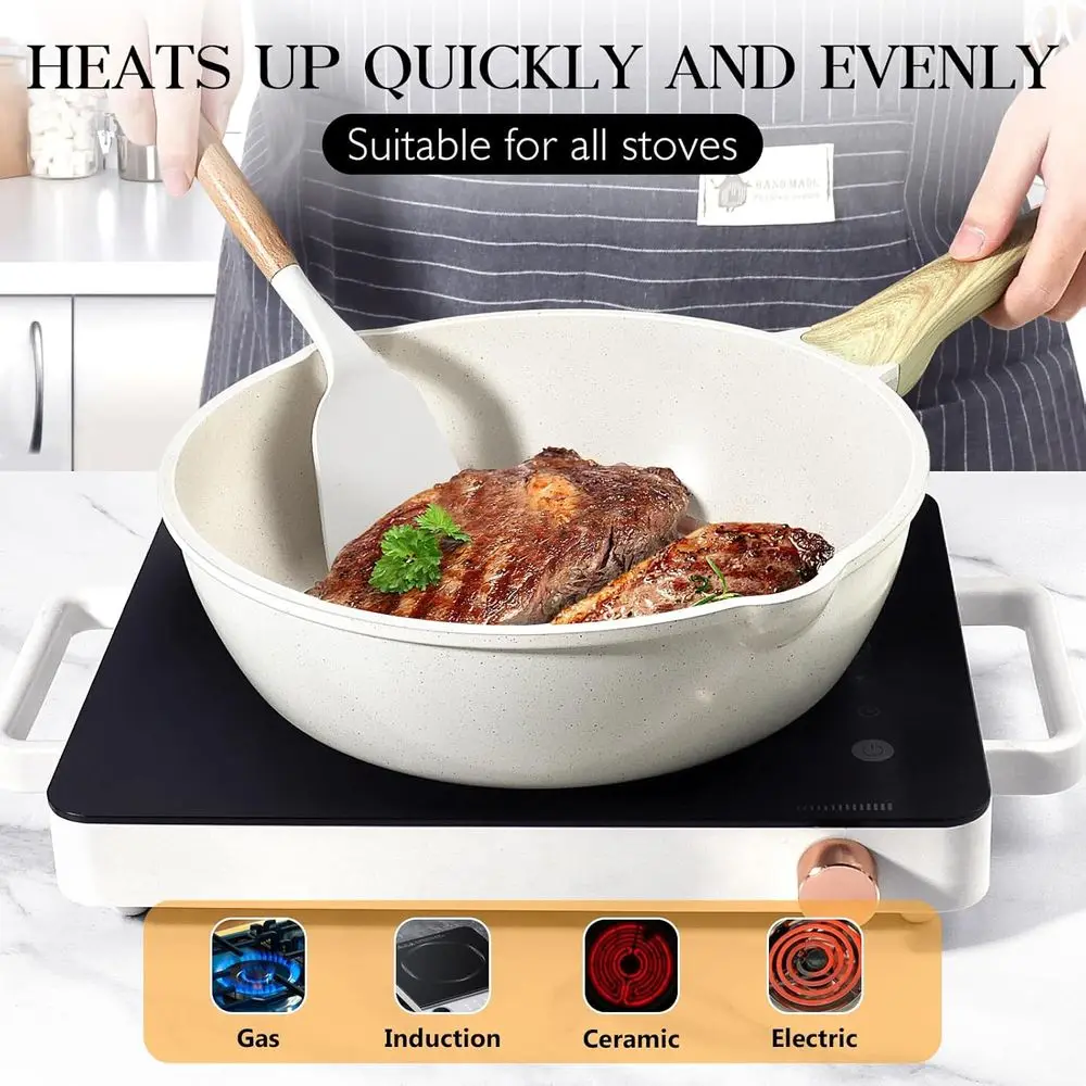 Panela de Sauté Antiaderente de Granito de 11 Polegadas com Tampa, 4,5 Qt, Branca