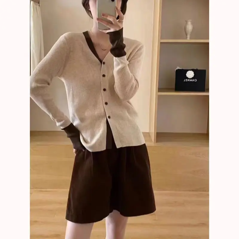 Autumn Knit Cardigan Girl Patchwork Long Sleeve Sweater Shirts Woman Contrast Color Knitted Tops Elegant Sweet Slim Chic Top New