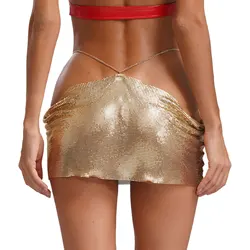 Women Sparkly Sequins Mini Skirt Low Waist Metal Chains Waistband Glitter Skirts Sexy Miniskirt Nightclub Rave Party Clubwear
