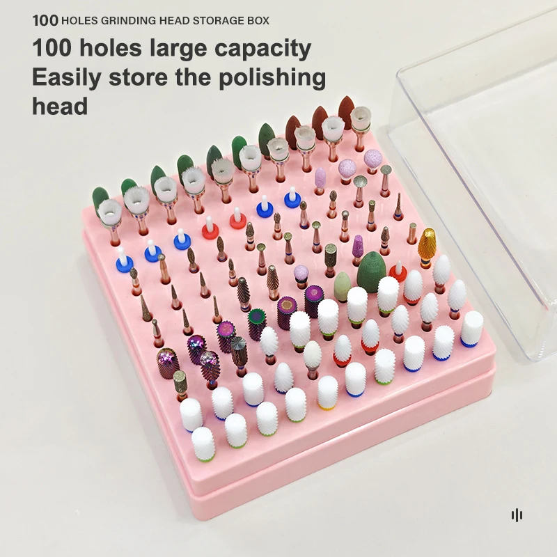 Supporto per unghie in plastica da 100 fori Scatola portaoggetti per trapano per nail art Rettifica Porta punte per testa per smalto Display Organizzatore di punte per trapano per unghie