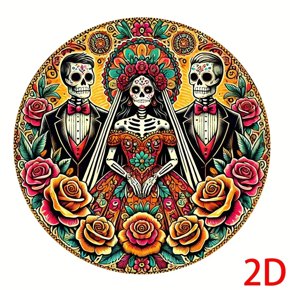 علامة خشبية دائرية مسطحة ثنائية الأبعاد: هيكل عظمي يوم الموتى للعروس والعريس، قلادة خشبية قديمة، ديكور يوم الموتى
