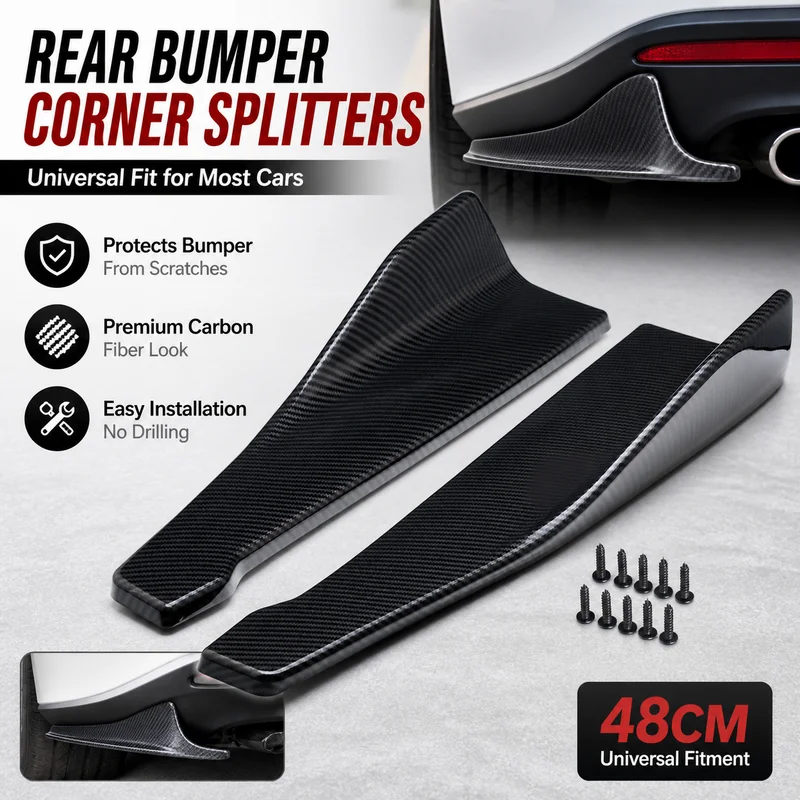 Universal 48CM Carbon Fiber Rear Bumper Corner Protector Plate, Auto Rear Skirt Small Surround Guard Side Skirt