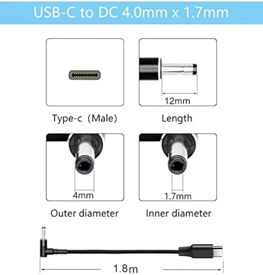 100W PD USB C to DC4.0x1.7mm Laptop Charging Cable Type C Power Supply Cord For Lenovo IdeaPad 310 320 330 330s 120s 130 510 520