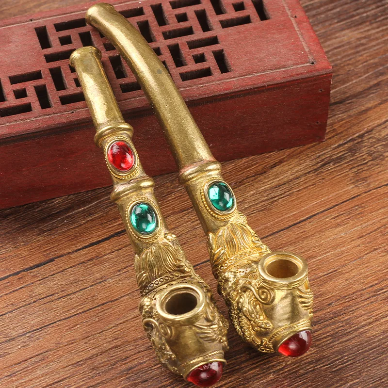 

Vintage Copper Brass Smoking Pipe for Men, Dragon Phoenix Design with Inlaid Gemstones Portable Tobacco Pipe for Thick Cigarette