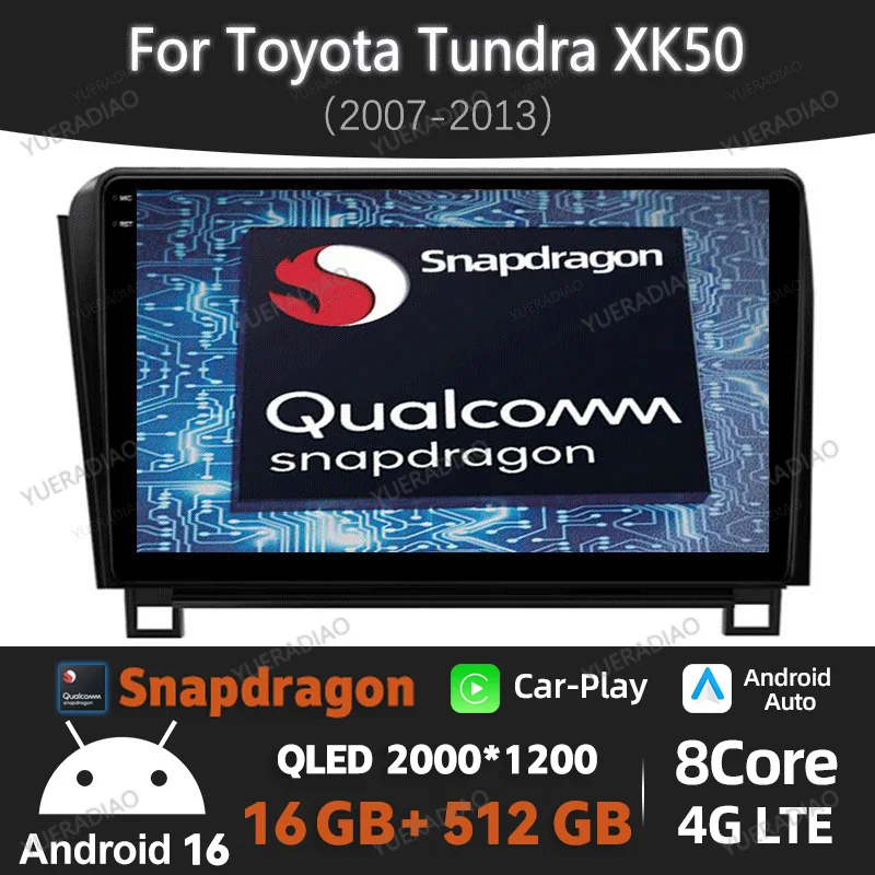 Radio para Auto Android 16 con Carplay para Toyota Tundra XK50 2007-2013 y Sequoia XK60 2008-2017, Reproductor Multimedia de Video, 4G, WIFI, BT