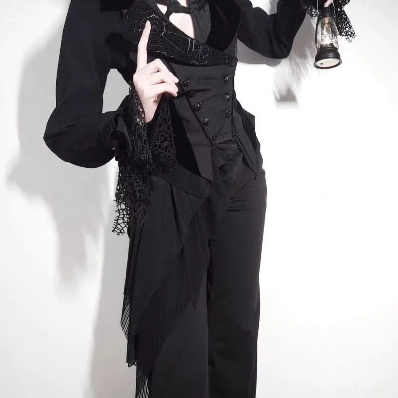 Camisa negra Vintage japonesa con cuello en V para Mujer, Blusas góticas subcultura Y2k, Blusas combinables de Lolita, Tops negros Punk estilo Mujer