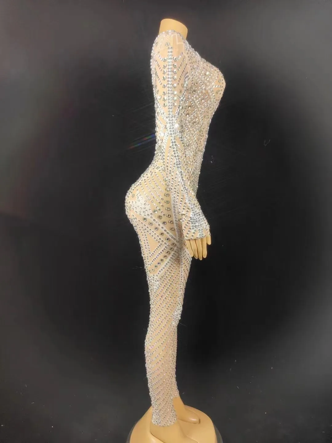 Costume Women Dance Prom Party Photoshoot Jumpsuit Sparkly Silver Crystals Transparent Long Sleeves Jumpsuit Birthday Celebrate