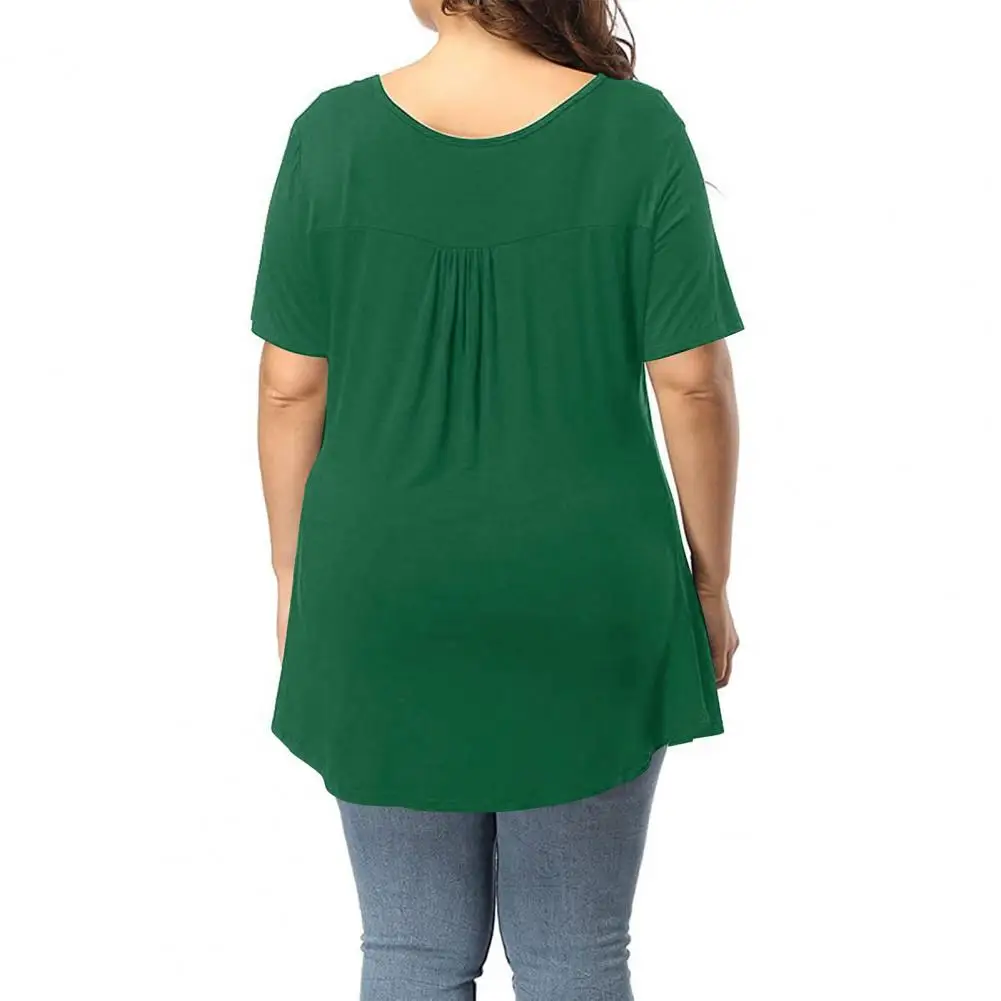 

Overseas Loose New Style Pleated Round Neck Short Sleeve T-Shirt Women's Top Stripe Solid Color Blouse For Beach Office Party