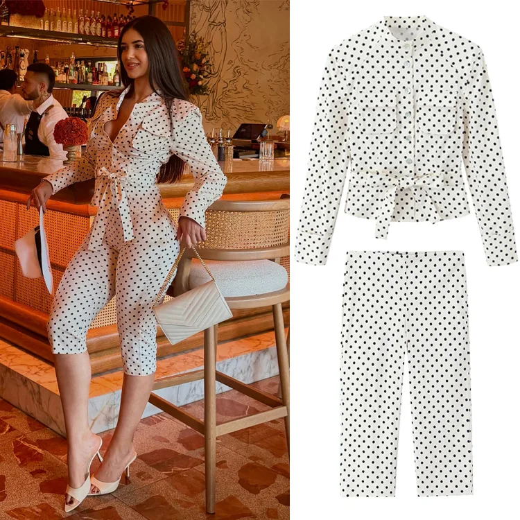 Women Polka Dot Shirt Blouse Top High Waist Pants Matching Set 2 Piece Outfits Spring Summer