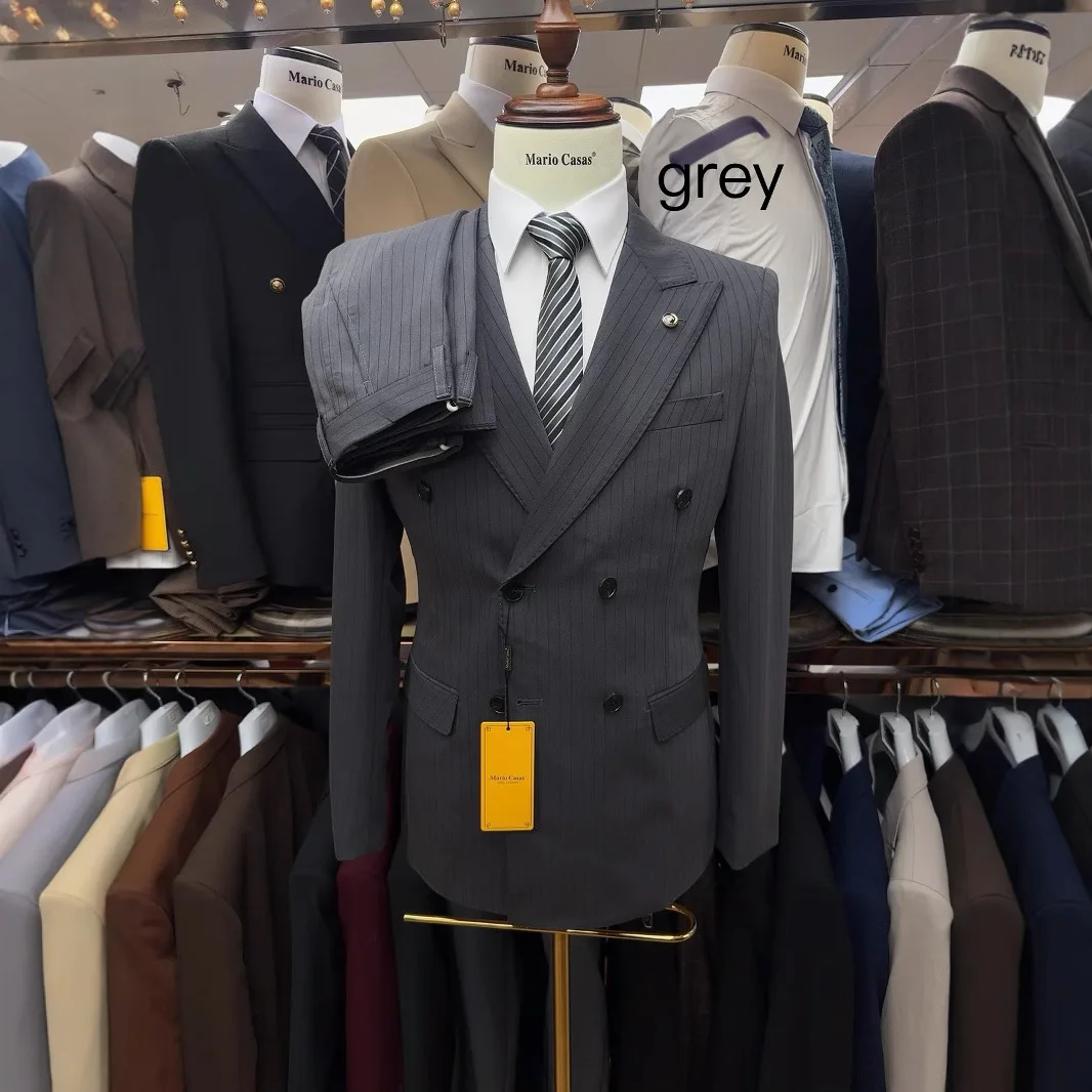 

Classic Striped Men's Suit Set for Wedding Dress Formal Double Breasted Breasted Jacket Pants for Business Men Groomsmen