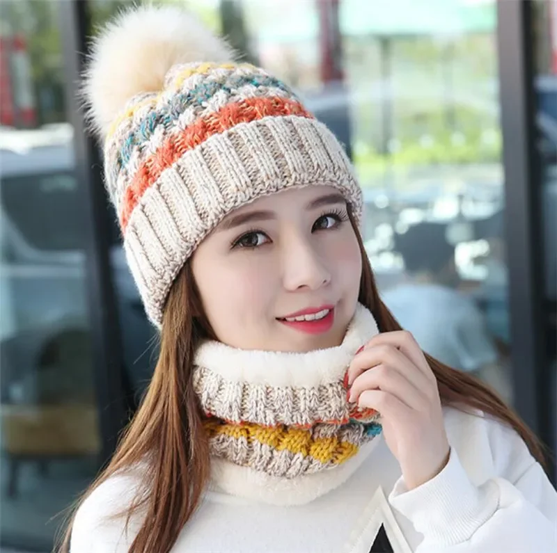 Women Winter Knitted Beanies Hat Scarf Set For Woman Girls Warm Plush Hat And Ring Scarf Female Child Fashion Pom Pom Cap Scarve