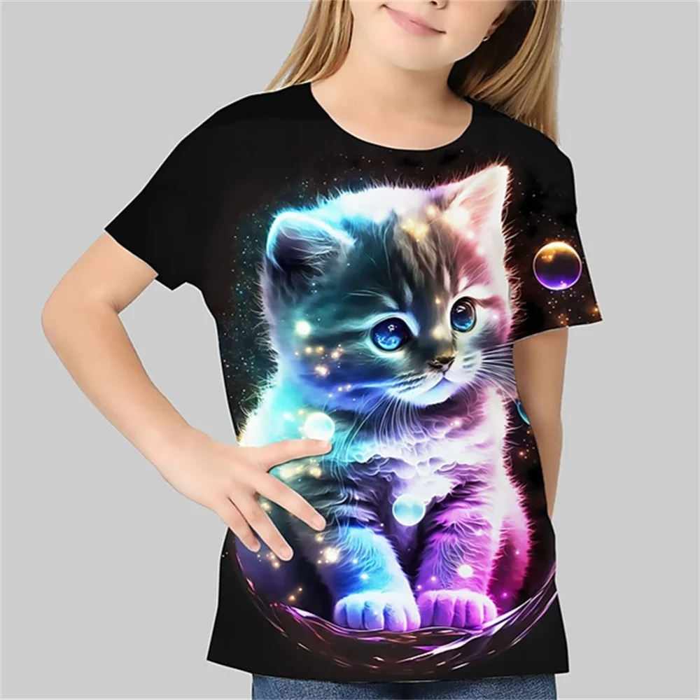 New Casual Baby T-Shirts Animal Cat Girl Clothes Short Sleeve Tees Girls Clothes 3d Print Odzież dziecięca Moda T Shirts