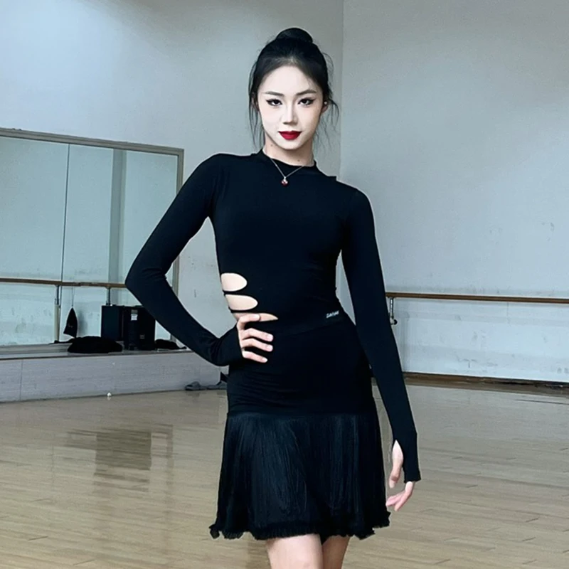 Black Latin Dance Dress Women Cutout Tops Fringe Skirt Cha Cha Rumba Samba Practice Dance Clothing Competition Dress DNV22121