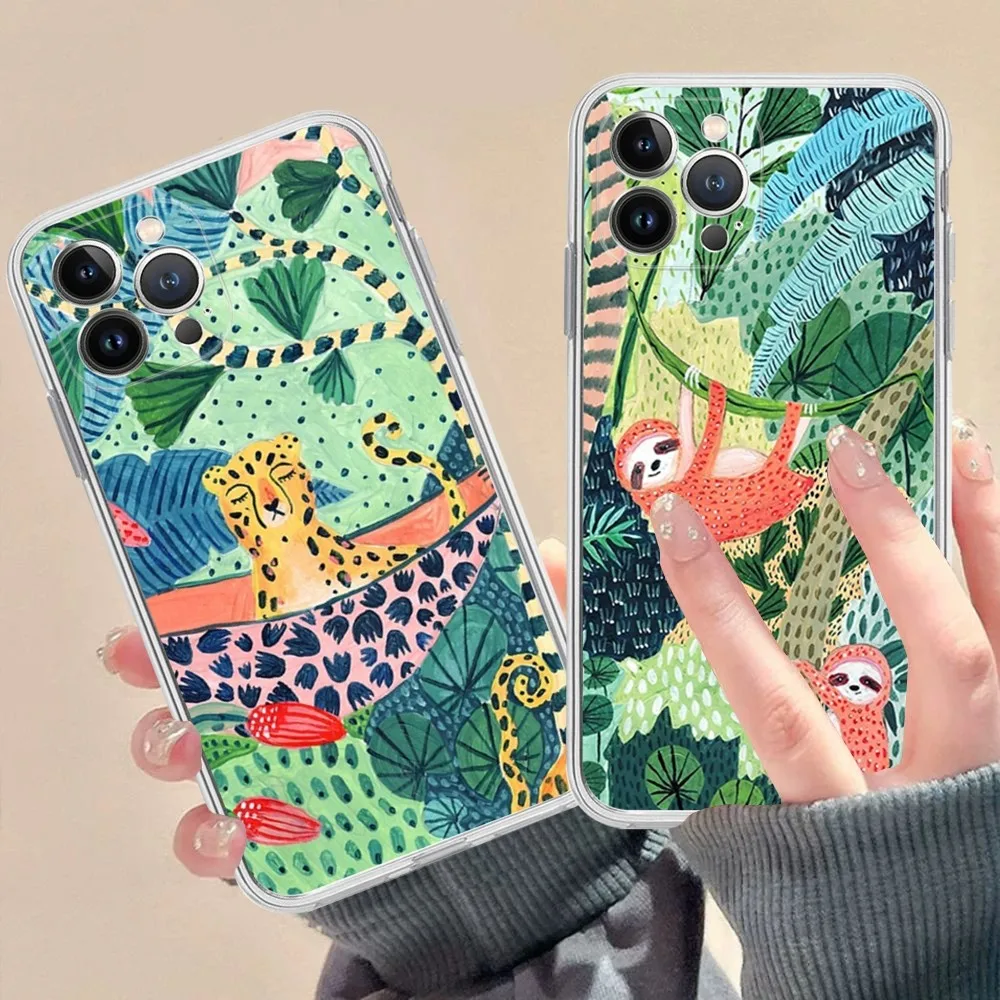 Cute Cartoon Anime Sloth Leopard Phone Case For iPhone 15 14 13 12 Mini 11 Pro XS Max X XR SE 6 7 8 Plus Soft Silicone Cover