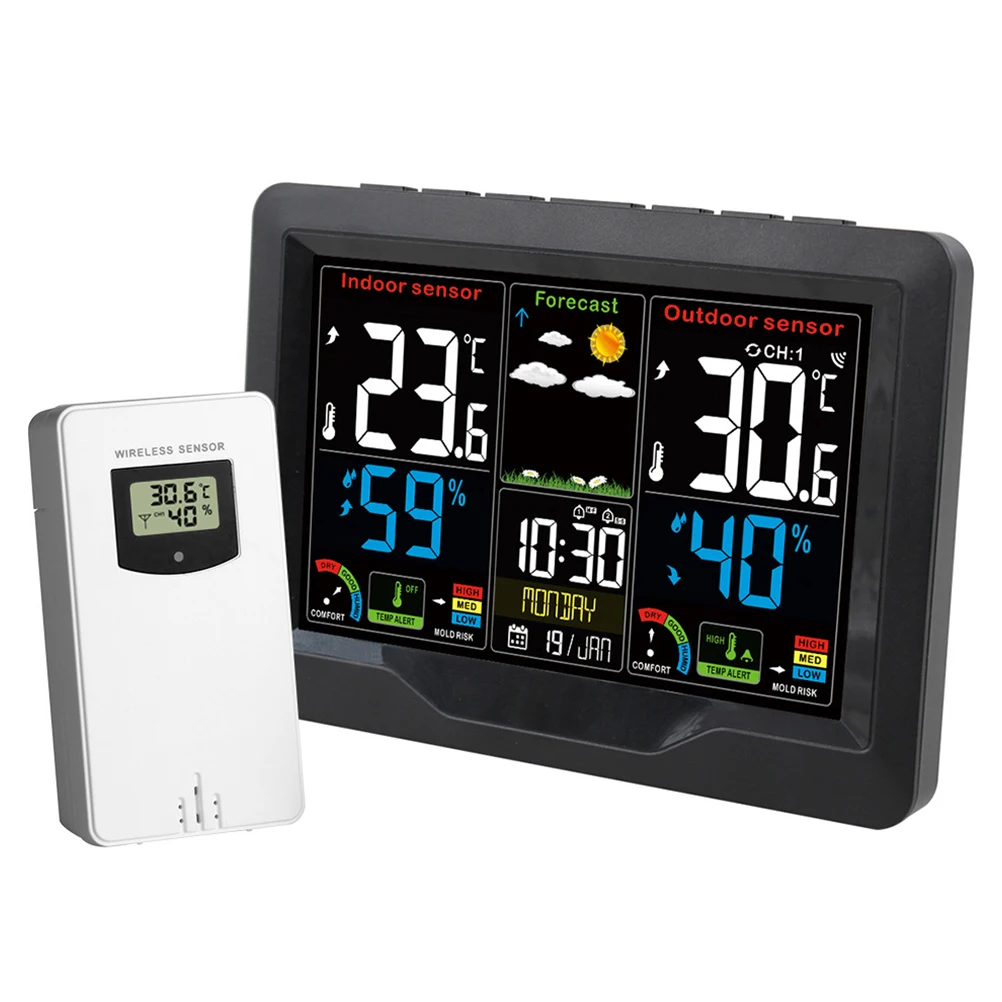 

Weather Clock Indoor Thermometer Color Screen Alarm Baby Room Temperature Hygrometer Monitor Max Min Record Wireless Sensor